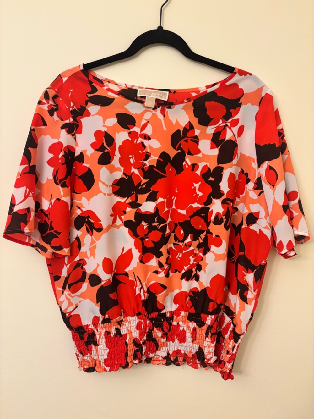 Michael Kors Red and Orange Floral Short-Sleeve Blouson Top